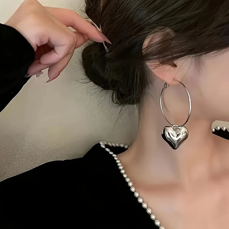 2024 New Heart Pendant Drop Earrings for Women Fashion Gold Color Design Exaggerate Big Circle Hoops Earring Korean Jewelry Gift