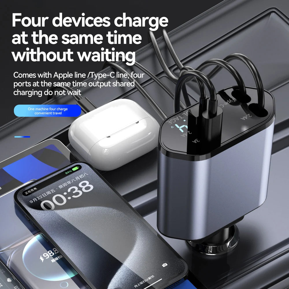 120W 4 IN 1 Einziehbares Autoladegerät USB C-Kabel für Schnellladekabel Zigarettenanzünderadapter PD QC3.0