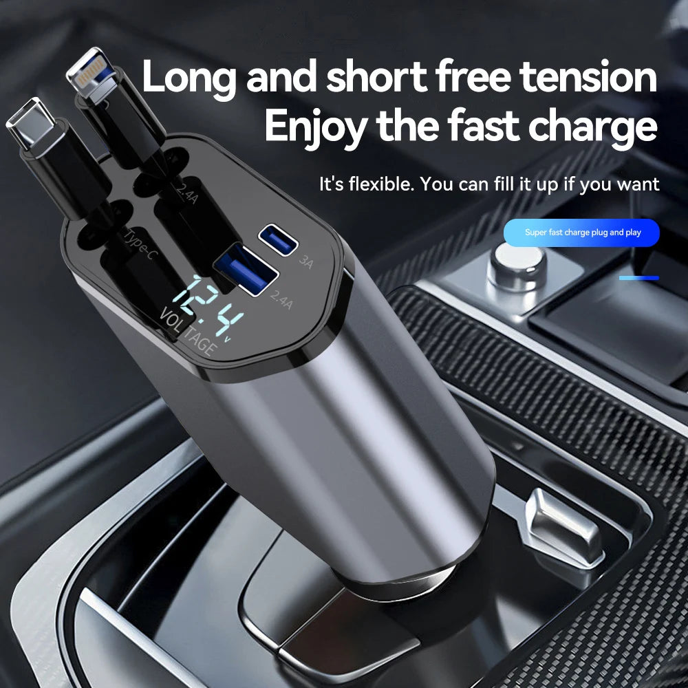 120W 4 IN 1 Einziehbares Autoladegerät USB C-Kabel für Schnellladekabel Zigarettenanzünderadapter PD QC3.0