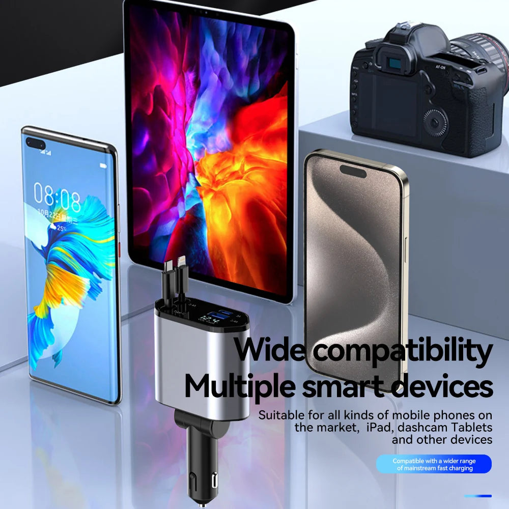 120W 4 IN 1 Einziehbares Autoladegerät USB C-Kabel für Schnellladekabel Zigarettenanzünderadapter PD QC3.0