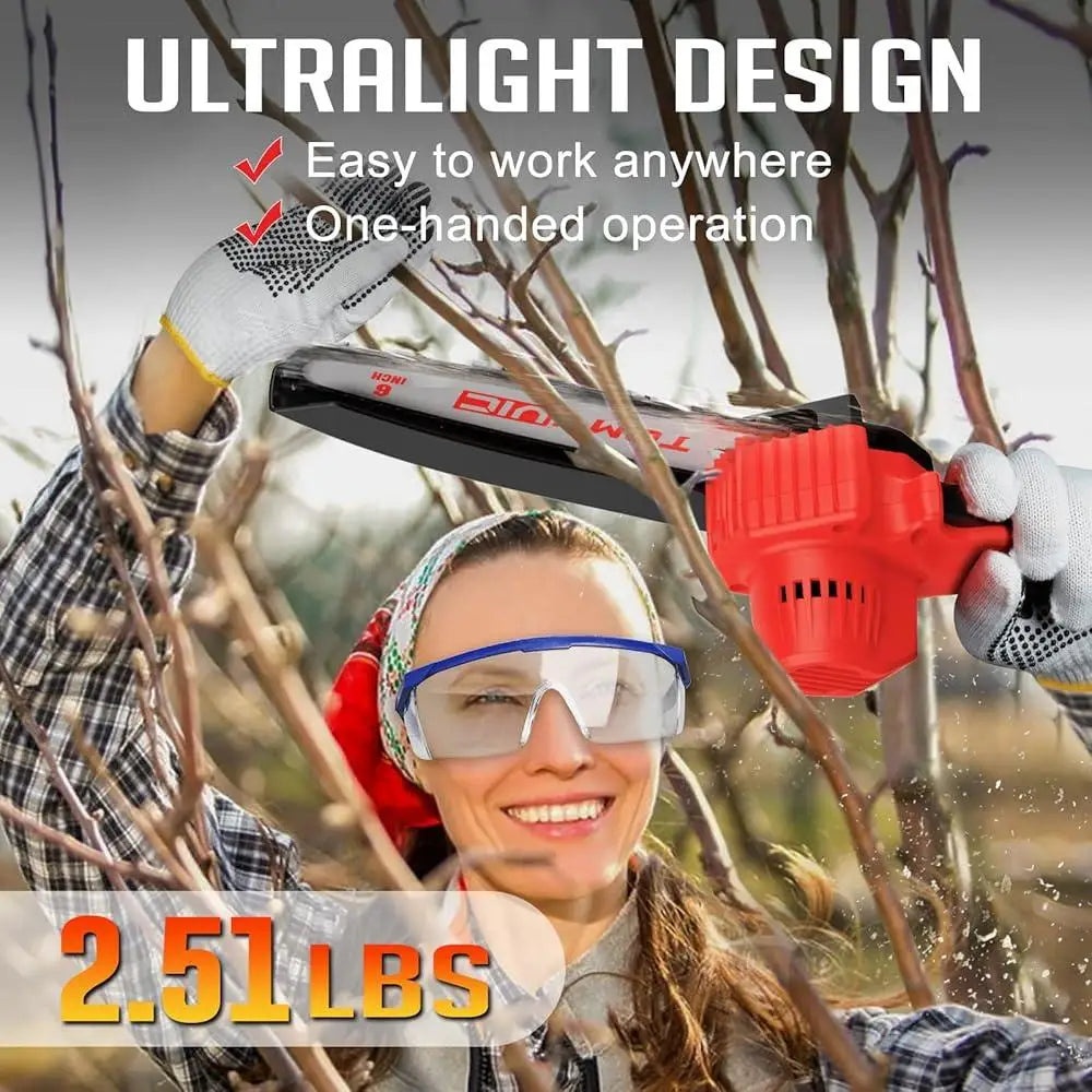 Cordless Mini Chainsaw 6 Inch Battery Powered Handheld Chainsaw Tree Trimming Branch Cutting with Dual Batteries and Accessories