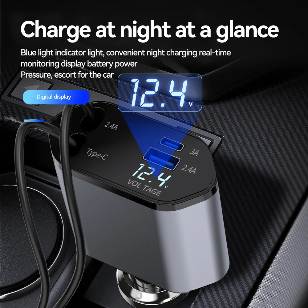 120W 4 IN 1 Einziehbares Autoladegerät USB C-Kabel für Schnellladekabel Zigarettenanzünderadapter PD QC3.0
