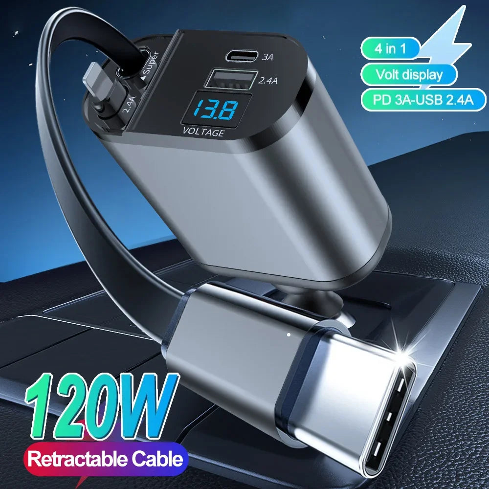 120W 4 IN 1 Einziehbares Autoladegerät USB C-Kabel für Schnellladekabel Zigarettenanzünderadapter PD QC3.0