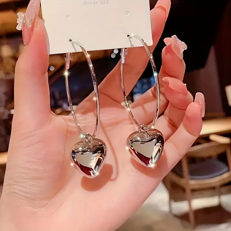 2024 New Heart Pendant Drop Earrings for Women Fashion Gold Color Design Exaggerate Big Circle Hoops Earring Korean Jewelry Gift