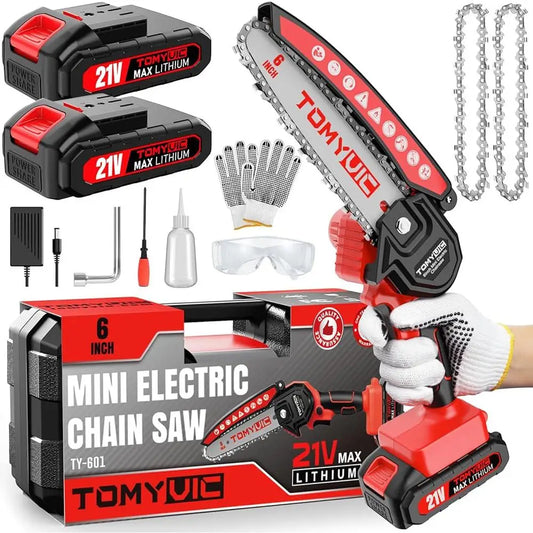 Cordless Mini Chainsaw 6 Inch Battery Powered Handheld Chainsaw Tree Trimming Branch Cutting with Dual Batteries and Accessories